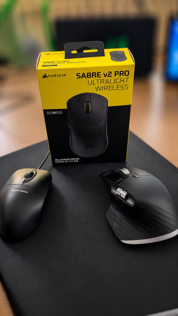 Home-Office-Maus-Test für Mac: Corsair Sabre V2 Pro, Logitech MX Master 3S und Amazon Basics im Vergleich